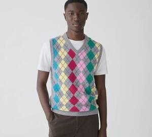J. Crew 2024 Cashmere Sweater Vest Colorful Argyle Diamond Small Preppy Academia